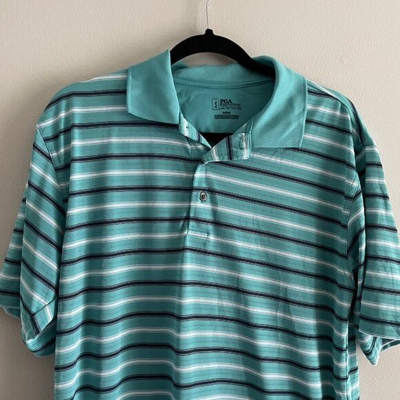 PGA Tour Men Sz M Teal Striped S/Sleeve Collared 3 Button Casual Polo Golf Shirt - Picture 3 of 9